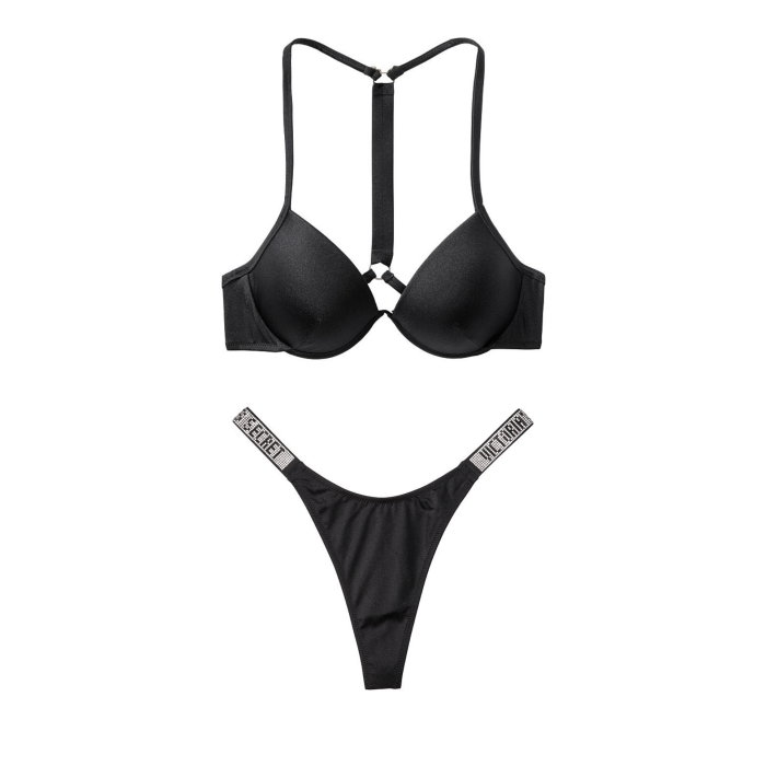 Купальник Вікторія Сікрет з пушап чорного кольору Back Shine Strap &amp; Thong panty