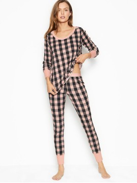 Піжама Victoria's Secret Thermal Long PJ Set Light Pink Buffalo Check Plaid