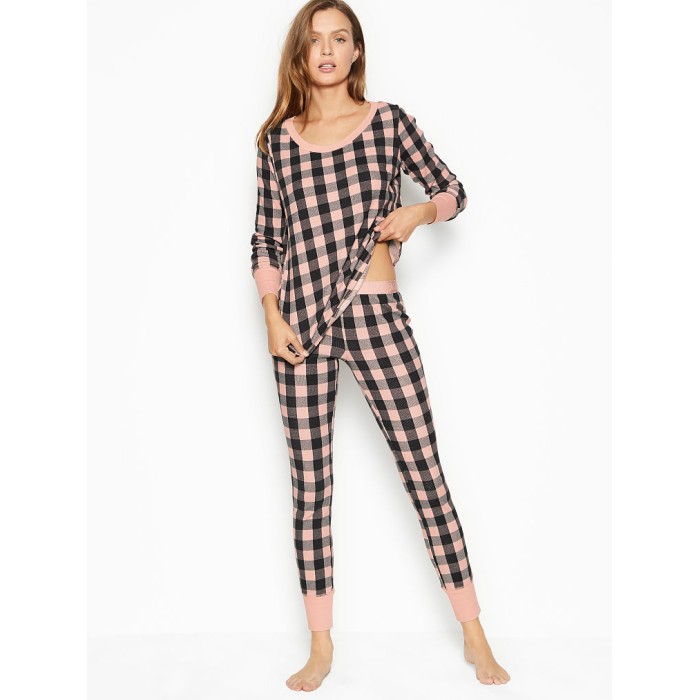 Піжама Victoria's Secret Thermal Long PJ Set Light Pink Buffalo Check Plaid