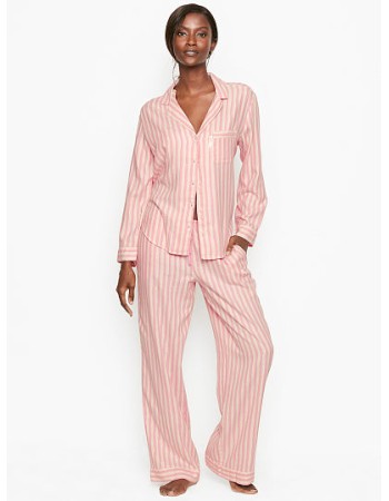 Піжама рожева в смужку Victoria's Secret Shimmer Flannel Long PJ Set Pink Stripe