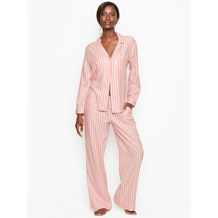 Піжама рожева в смужку Victoria's Secret Shimmer Flannel Long PJ Set Pink Stripe