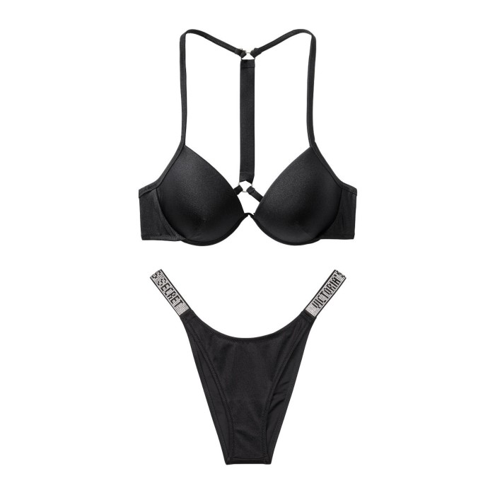 Купальник Вікторія Сікрет з пушап чорного кольору Shine Strap Brazilian panty