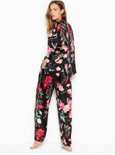 Піжама Victoria's Secret Satin Long PJ Set Light Black Floral print
