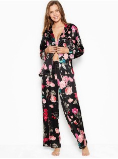 Піжама Victoria's Secret Satin Long PJ Set Light Black Floral print