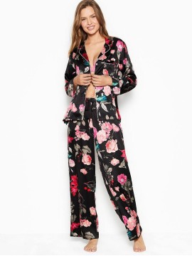 Піжама Victoria's Secret Satin Long PJ Set Light Black Floral print