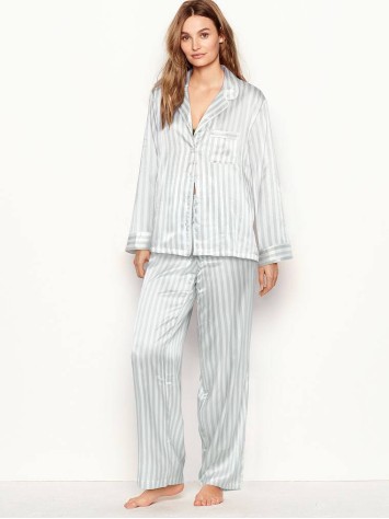 Сатинова піжама Victoria's Secret The Satin Long PJ Set Blue Stripe
