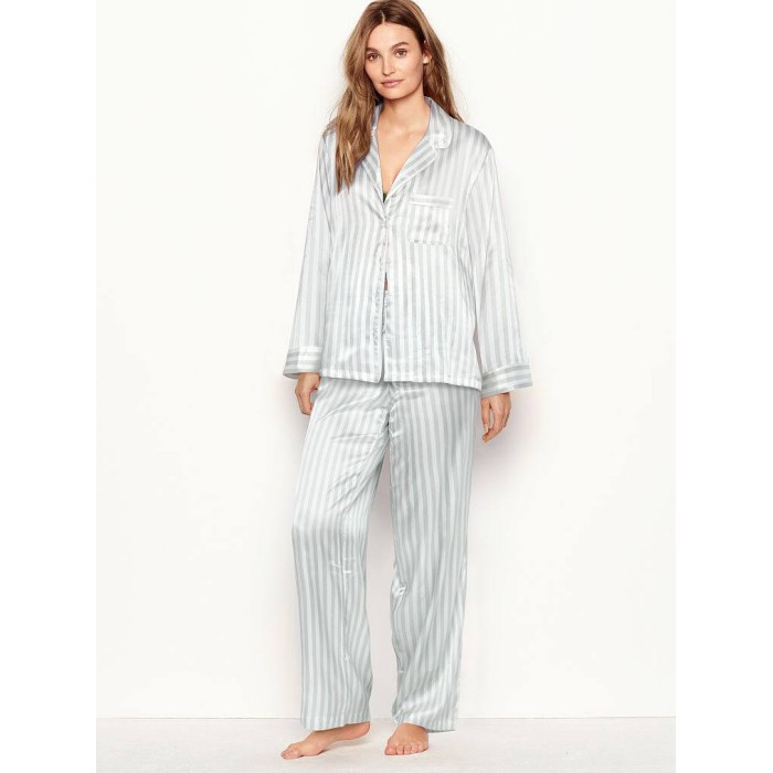 Сатинова піжама Victoria's Secret The Satin Long PJ Set Blue Stripe