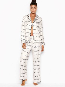 Сатиновая пижама Victoria’s Secret The Satin Long PJ Set White logo VS