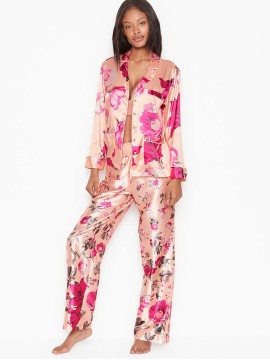 Піжама сатинова VS Printed Satin & Rhinestone Button Long PJ Set