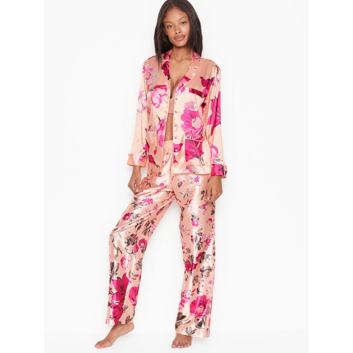 Піжама сатинова VS Printed Satin & Rhinestone Button Long PJ Set