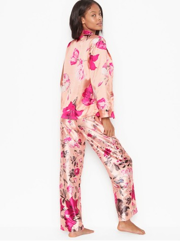 Піжама сатинова VS Printed Satin & Rhinestone Button Long PJ Set
