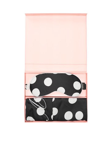 Victorias Secret Satin Pillowcase Eye Mask Gift Set White Black Dot