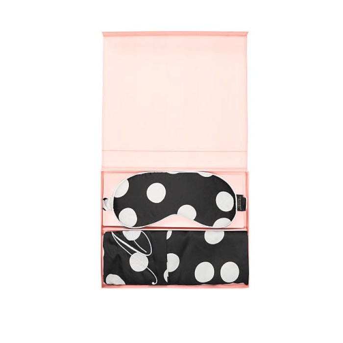 Victorias Secret Satin Pillowcase Eye Mask Gift Set White Black Dot