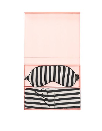 Victorias Secret Satin Pillowcase & Eye Mask Gift Set White Black Stripes