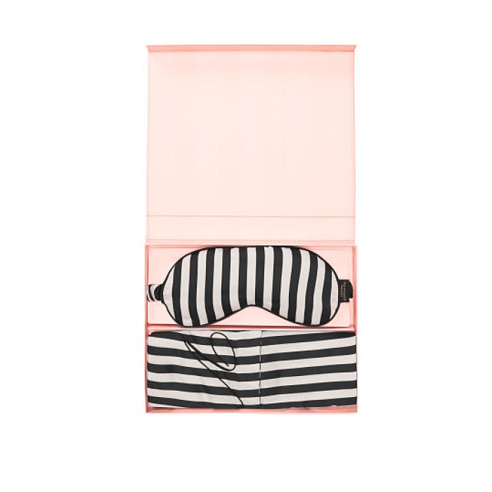 Victorias Secret Satin Pillowcase & Eye Mask Gift Set White Black Stripes
