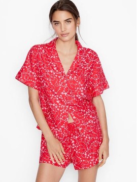 Пижама Victoria’s Secret Flannel Short PJ Set Red print pink hearts