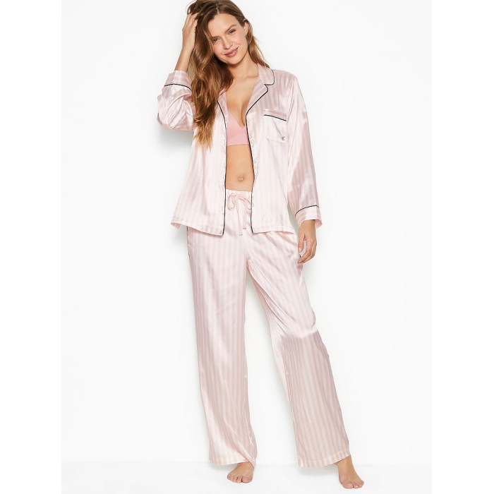 Піжама рожева в смужку VS Satin Long PJ Set Light Pink Stripe