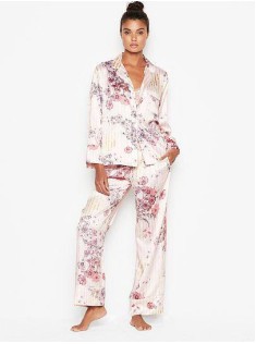 Сатинова піжама Victoria's Secret The Satin Long PJ Set Light Pink Floral Stripes
