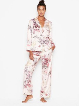 Сатиновая пижама Victoria’s Secret The Satin Long PJ Set Light Pink Floral Stripes