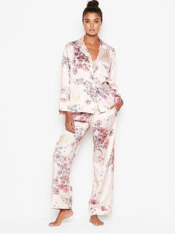 Сатинова піжама Victoria's Secret The Satin Long PJ Set Light Pink Floral Stripes