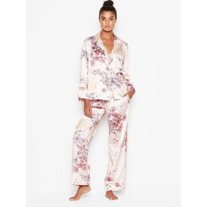 Сатинова піжама Victoria's Secret The Satin Long PJ Set Light Pink Floral Stripes