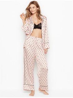 Піжама Victoria's Secret Satin Long PJ Set Light Pink With Black Hearts