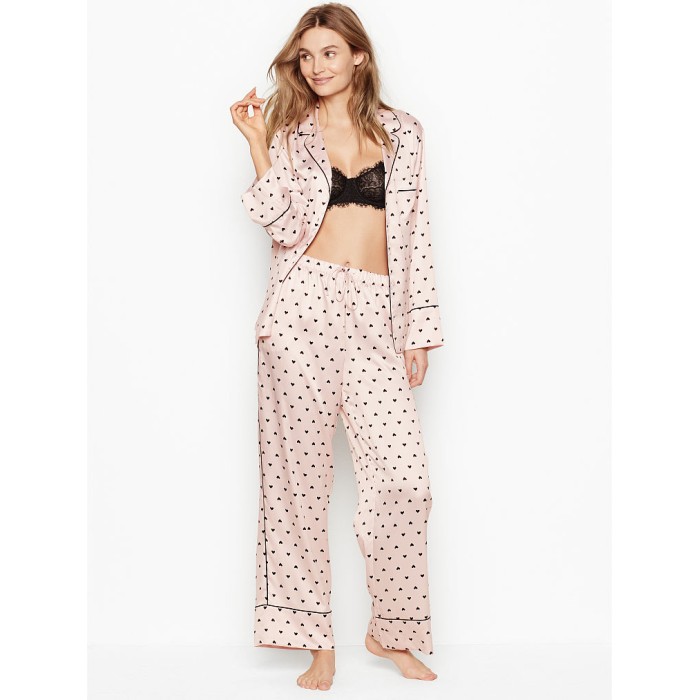 Піжама Victoria's Secret Satin Long PJ Set Light Pink With Black Hearts
