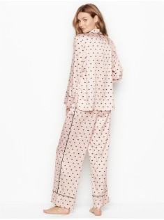 Піжама Victoria's Secret Satin Long PJ Set Light Pink With Black Hearts