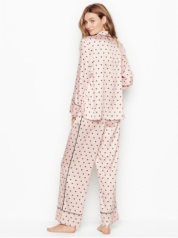 Піжама Victoria's Secret Satin Long PJ Set Light Pink With Black Hearts