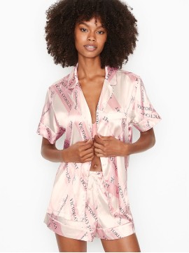 Пижама розовая в полоску Victoria’s Secret The Satin Short PJ Set White/Pink Large Ribbon