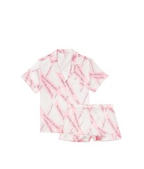 Пижама розовая в полоску Victoria’s Secret The Satin Short PJ Set White/Pink Large Ribbon