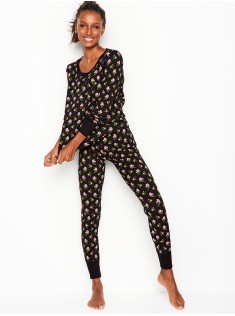 Піжама Victoria's Secret Thermal Long PJ Set Black Floral print