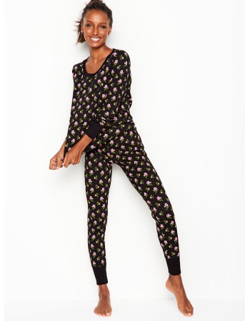 Піжама Victoria's Secret Thermal Long PJ Set Black Floral print