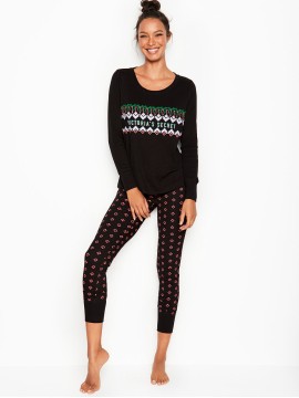 Пижама Victoria’s Secret Thermal Long PJ Set Red Black Graphic Hearts
