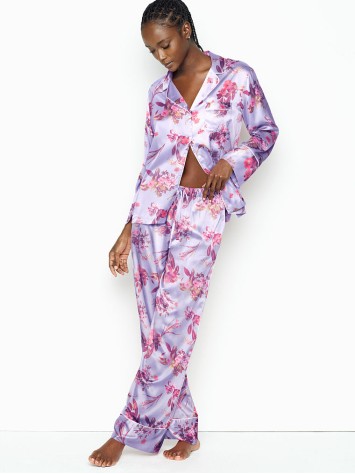 Сатинова піжама Victoria's Secret Satin Long PJ Set Feather Blue Field Blossoms