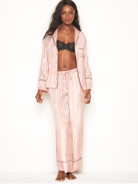 Пижама розовая в полоску Victoria’s Secret - The Satin Long PJ Set Pink Fizz