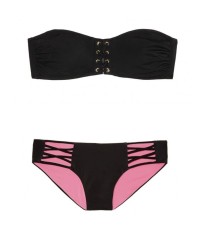 Купальник бандо Victoria's Secret PINK чорний із шнурівкою, плавки Bikini