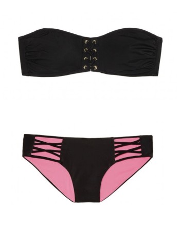 Купальник бандо Victoria’s Secret PINK черный с шнуровкой, плавки Bikini
