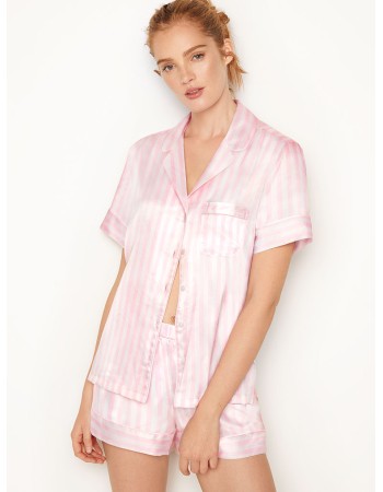 Пижама розовая в полоску Victoria’s Secret The Satin White/Pink Medium Stripe Short PJ Set