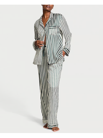 Піжама Glazed Satin Long Pajama Set Green Stripe