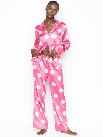 Сатинова піжама Victoria's Secret The Satin Long PJ Set Pink Big Dot