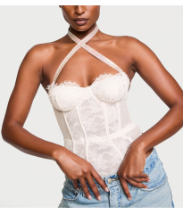 Боді Shine Strap Halter Lace Teddy Coconut White