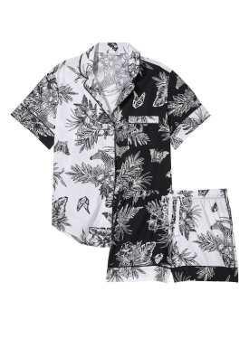 Пижама Cotton Short Pajama Set Black & White Tropical