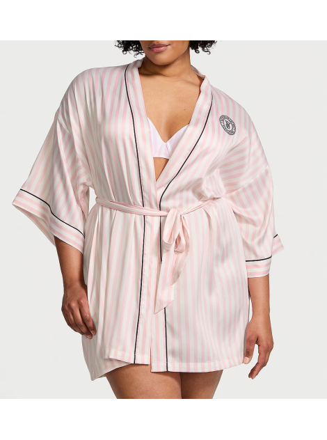Сатиновый халат Satin Short Piped Robe Pink Iconic Strape