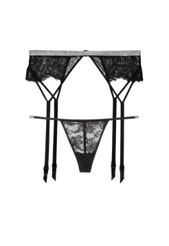 Пояс + трусики Shine Chain Strap Lace Garter Belt Black V-String Set