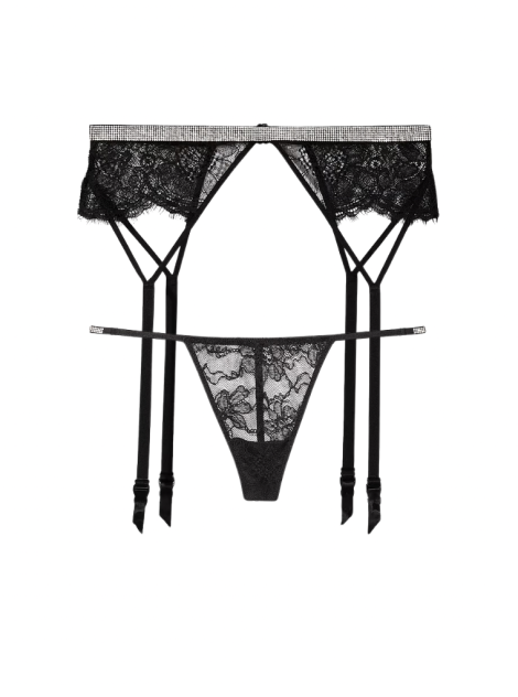 Пояс + трусики Shine Chain Strap Lace Garter Belt Black V-String Set
