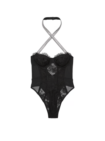 Боди Shine Strap Halter Lace Teddy Black
