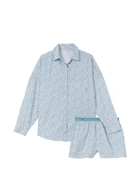 Пижама Cotton Long-Sleeve Shirt & Shorts Set Green Floral