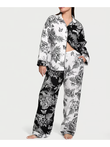 Піжама Cotton Long Pajama Set Black & White Tropical Toile