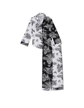 Піжама Cotton Long Pajama Set Black & White Tropical Toile